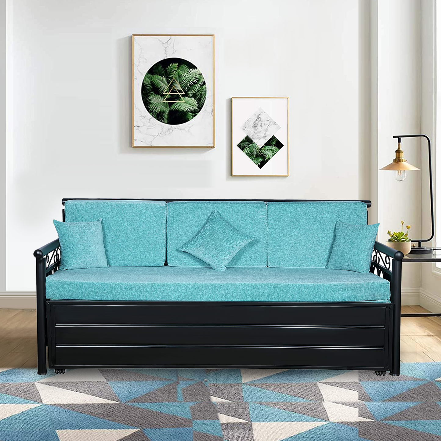 Black Crossandra Hydraulic Storage Metal Sofa Bed with Mattress & Pillow (Color - Sky Blue)