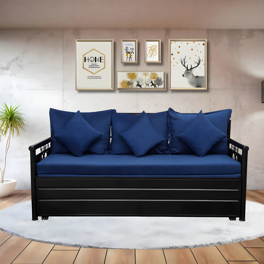 Black Crossandra Hydraulic Storage Metal Sofa Cum Bed with Mattress & Pillow (Color - Blue)