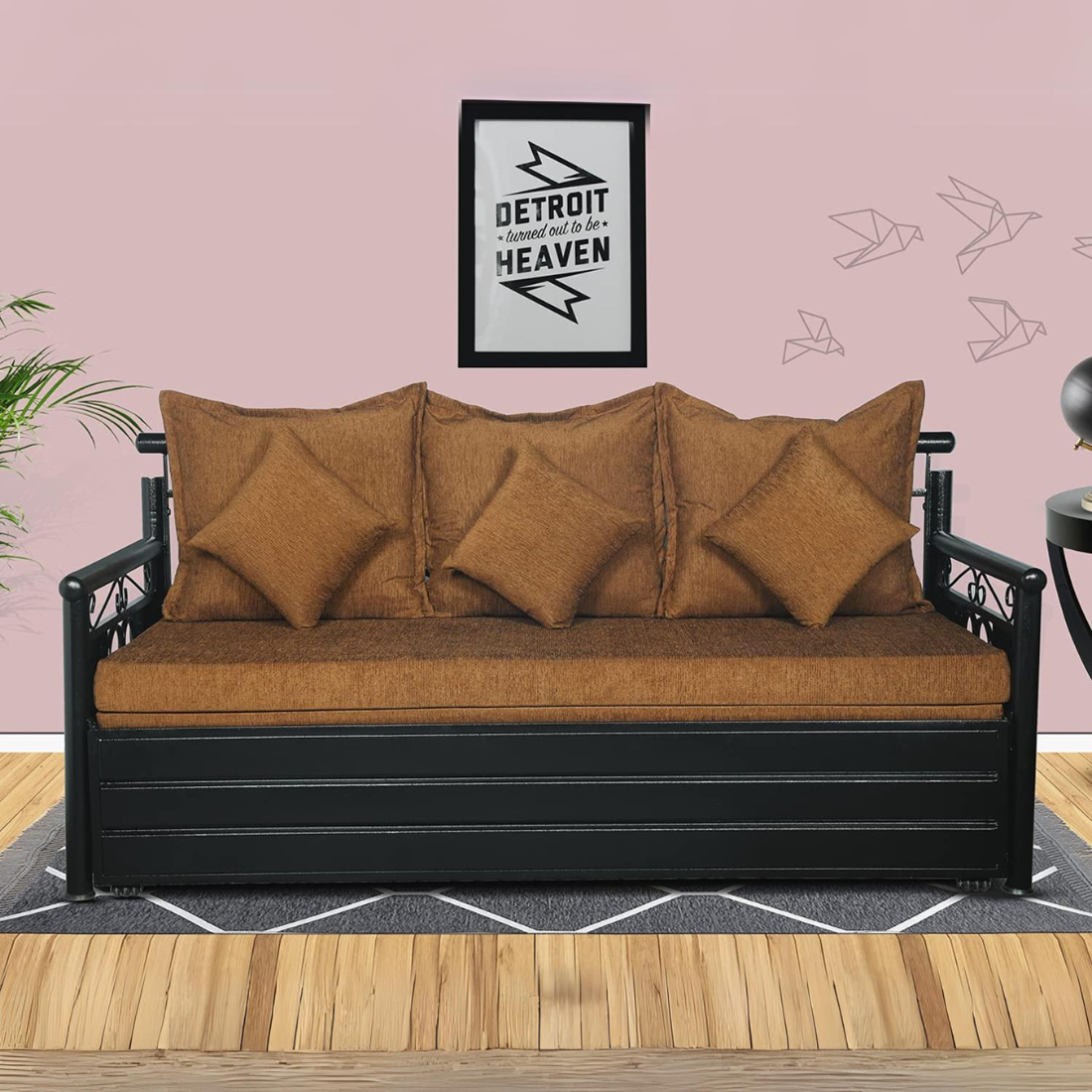 Black Crossandra Hydraulic Storage Metal Sofa Cum Bed with Mattress & Pillow (Color - Brown)