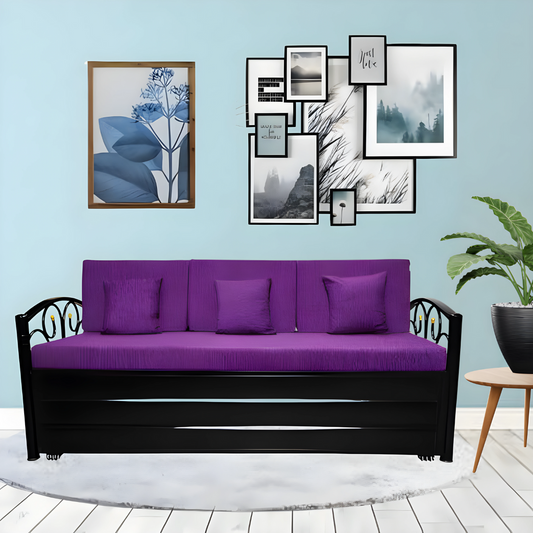 Black Lily Hydraulic Storage Metal Sofa Cum Bed with Mattress & Pillow (Color - Purple)