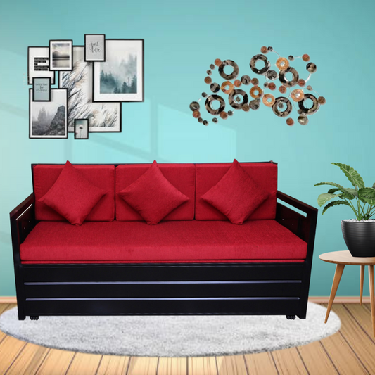 Black Maccow Hydraulic Storage Metal Sofa Bed with Mattress & Pillow (Color - Red)