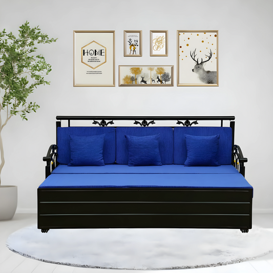 Black Sofia Hydraulic Storage Metal Sofa Bed with Mattress & Pillow (Color - Blue)