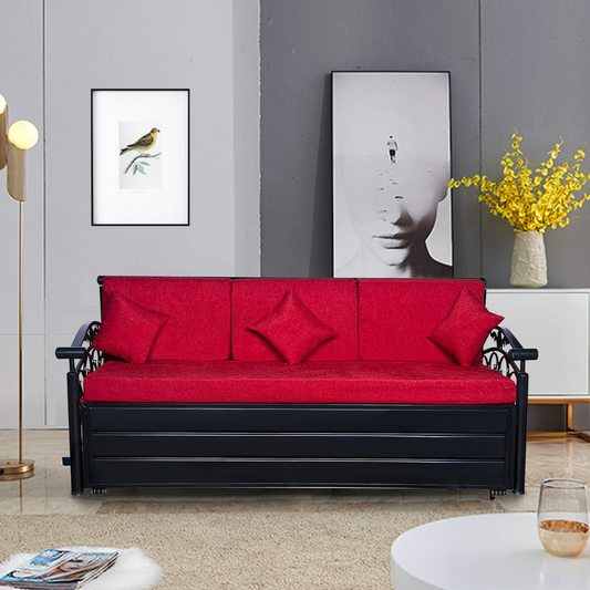 Black Sofia Hydraulic Storage Metal Sofa Bed with Mattress & Pillow (Color - Red)