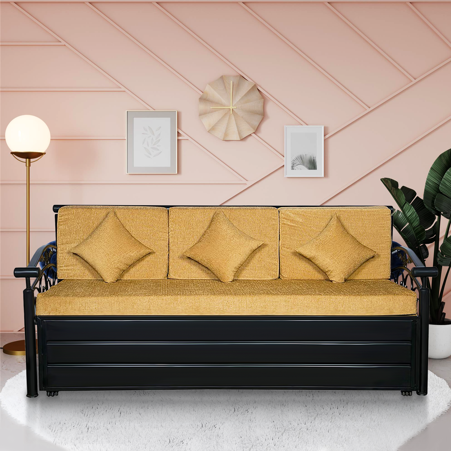 Black Sofia Hydraulic Storage Metal Sofa Cum Bed with Mattress & Pillow (Color - Camel)