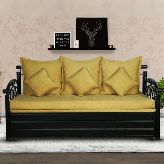 Black Sofia Hydraulic Storage Metal Sofa Cum Bed with Mattress & Pillow (Color - Camel)