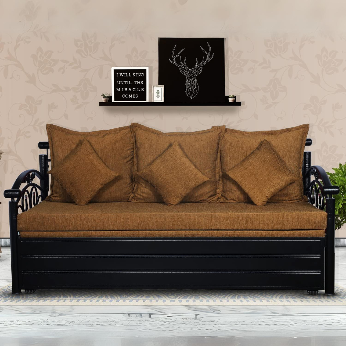 Black Sofia Hydraulic Storage Metal Sofa Cum Bed with Mattress & Pillow (Color - Golden)