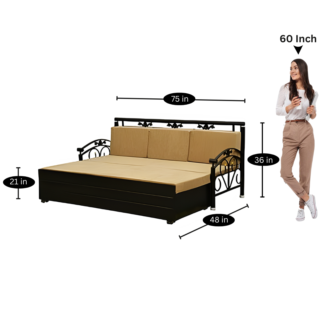 Black Sofia Hydraulic Storage Metal Sofa Cum Bed with Mattress & Pillow (Color - Camel)