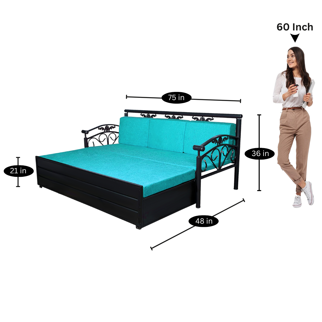 Black Sofia Hydraulic Storage Metal Sofa Cum Bed with Mattress & Pillow (Color - Sky Blue)