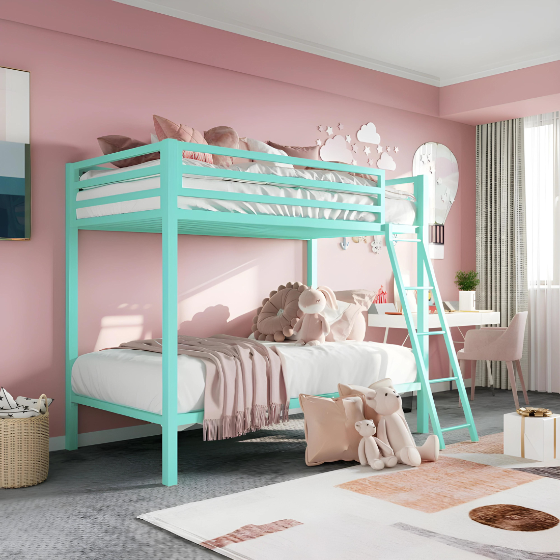 Ahmia Metal Bunk Bed in Sky Blue Colour - Space Saving Metal Bunk Bed