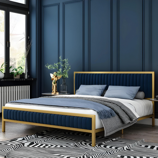 Cambridge Without Storage Metal Bed with Blue Designer Cushion Headrest (Color - Golden)