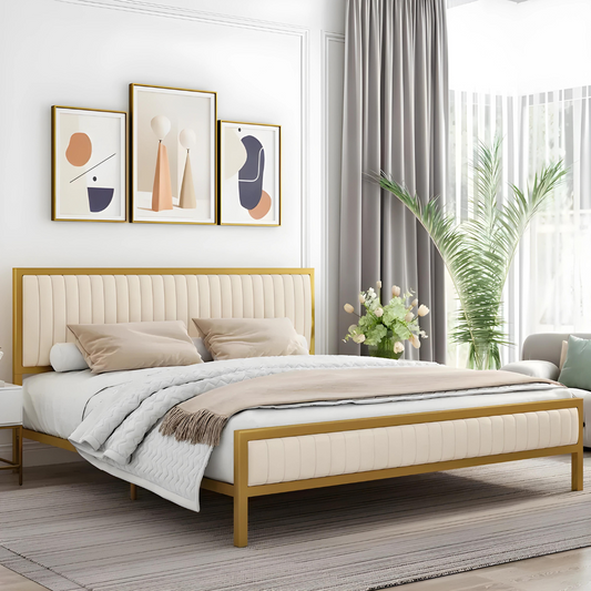 Cambridge Without Storage Metal Bed with Ivory Designer Cushion Headrest (Color - Golden)