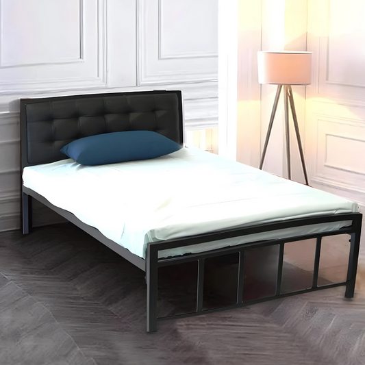 Cardinal Without Storage Metal Bed with Black Designer Cushion Headrest (Color - Black)