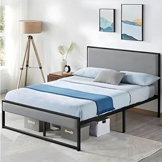 Carnival Without Storage Metal Bed with Grey Designer Cushion Headrest (Color - Black)