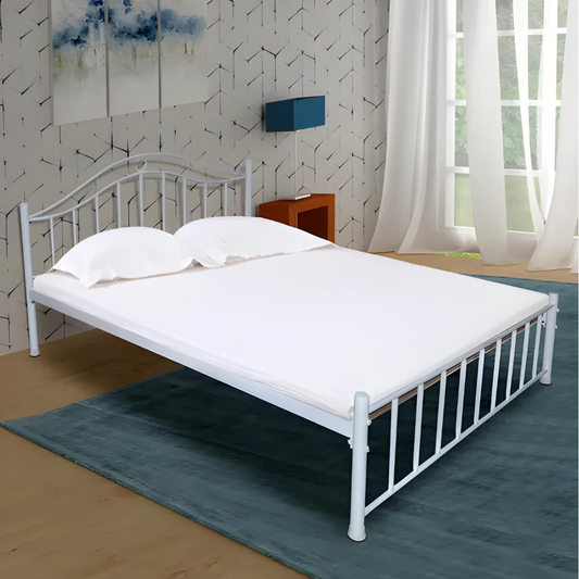 Celestial Without Storage Metal Bed with Designer Headrest (Color - White)