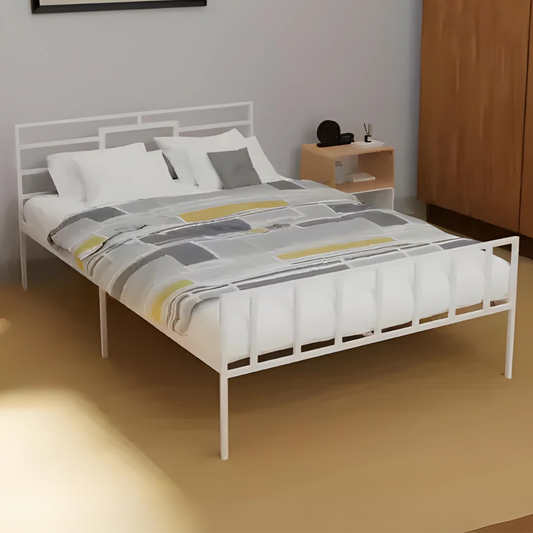 Coal Without Storage Metal Bed with Designer Headrest (Color - White)