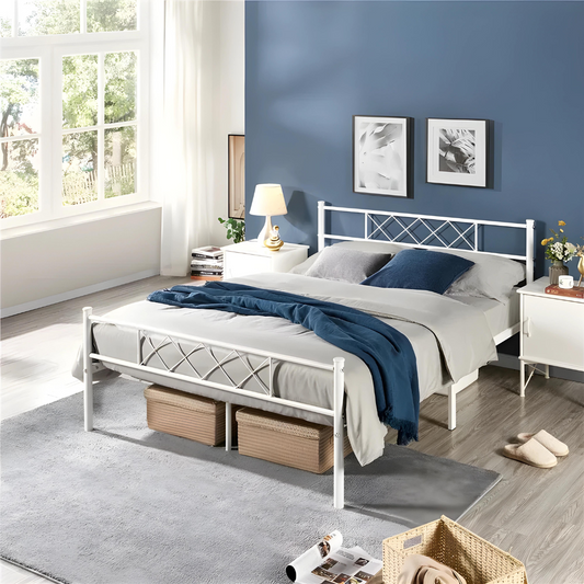 Colulombe Without Storage Metal Bed with Designer Headrest (Color - White)