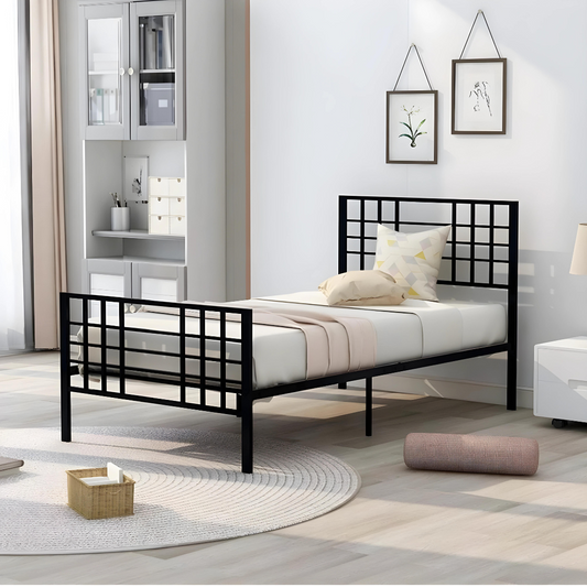 Coral Without Storage Metal Bed with Designer Headrest (Color - Black)
