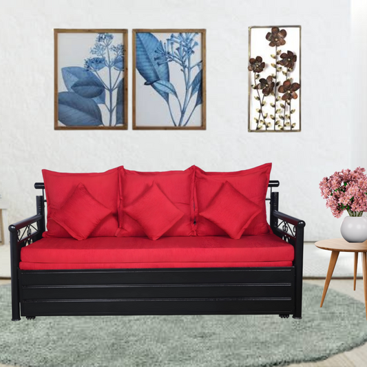 Black Crossandra Hydraulic Storage Metal Sofa Bed with Mattress & Pillow (Color - Red)