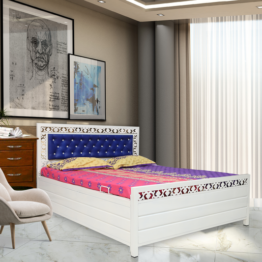 Cuba Hydraulic Storage Metal Bed with Blue Cushion Headrest (Color - White)