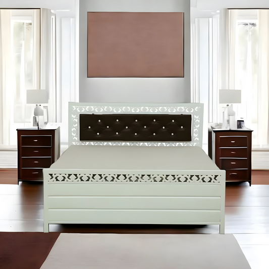 Cuba Hydraulic Storage Metal Bed with Brown Cushion Headrest (Color - White)