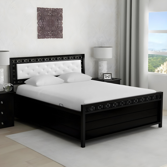 Cuba Hydraulic Storage Metal Bed with White Cushion Headrest (Color - Black)