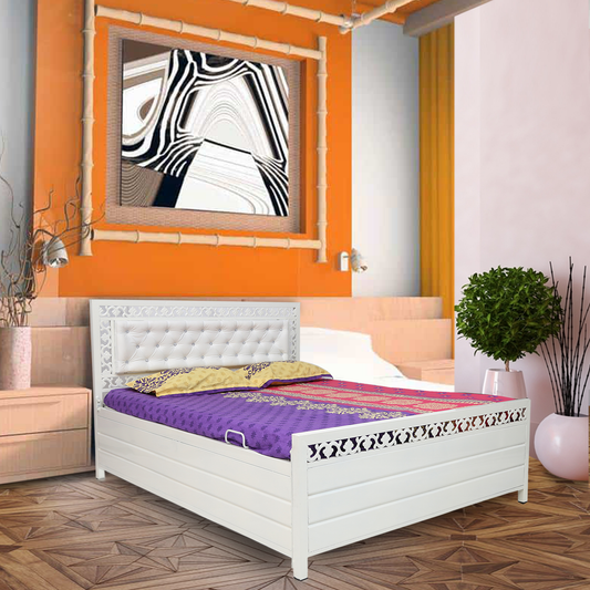 Cuba Hydraulic Storage Metal Bed with White Cushion Headrest (Color - White)