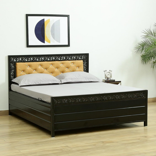 Cuba Hydraulic Storage Metal Bed with Golden Cushion Headrest (Color - Black)