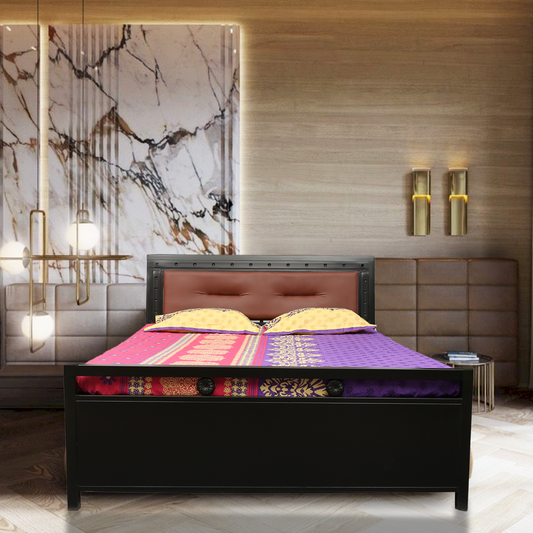 Daisy Hydraulic Storage Metal Bed with Brown Cushion Headrest (Color - Black)