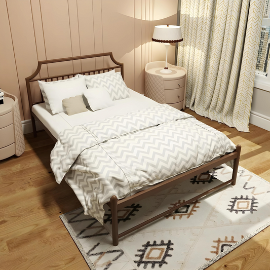 Danil Without Storage Metal Bed with Designer Headrest (Color - Brown)