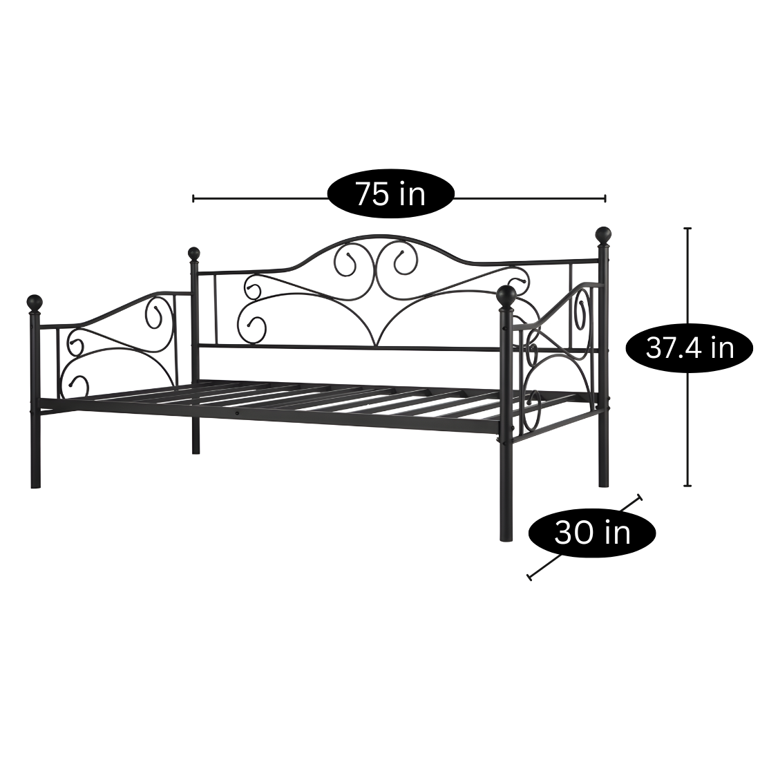 Black Nelly Three Seater Metal Sofa Diwan with Designer Headrest