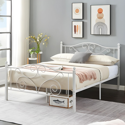 Deltoid Without Storage Metal Bed with Designer Headrest (Color - White)