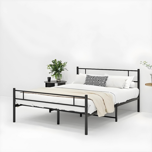 Derek Without Storage Metal Bed with Designer Headrest (Color - Black)