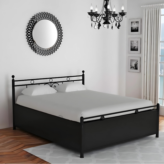 Dustin Hydraulic Storage Metal Bed (Color - Black) with Designer Headrest
