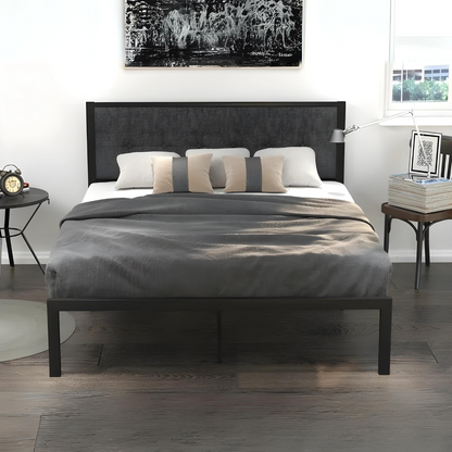 Easter Without Storage Metal Bed with Black Designer Cushion Headrest (Color - Black)