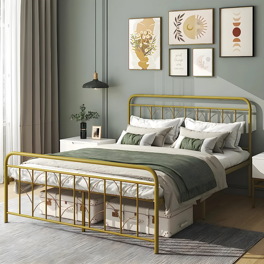 Florite Without Storage Metal Bed with Designer Headrest (Color - Golden)