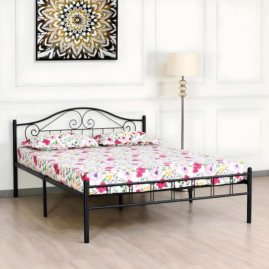 Morris Without Storage Metal Bed with Designer Headrest (Color - Black)