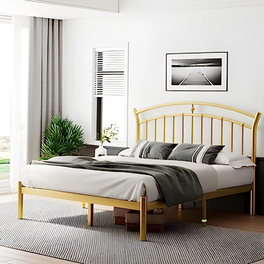 Grill Without Storage Metal Bed with Designer Headrest (Color - Golden)
