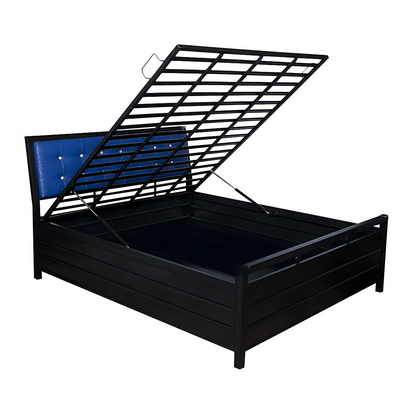 Heath Hydraulic Storage Metal Bed with Textured Blue Cushion Headrest (Color - Black)