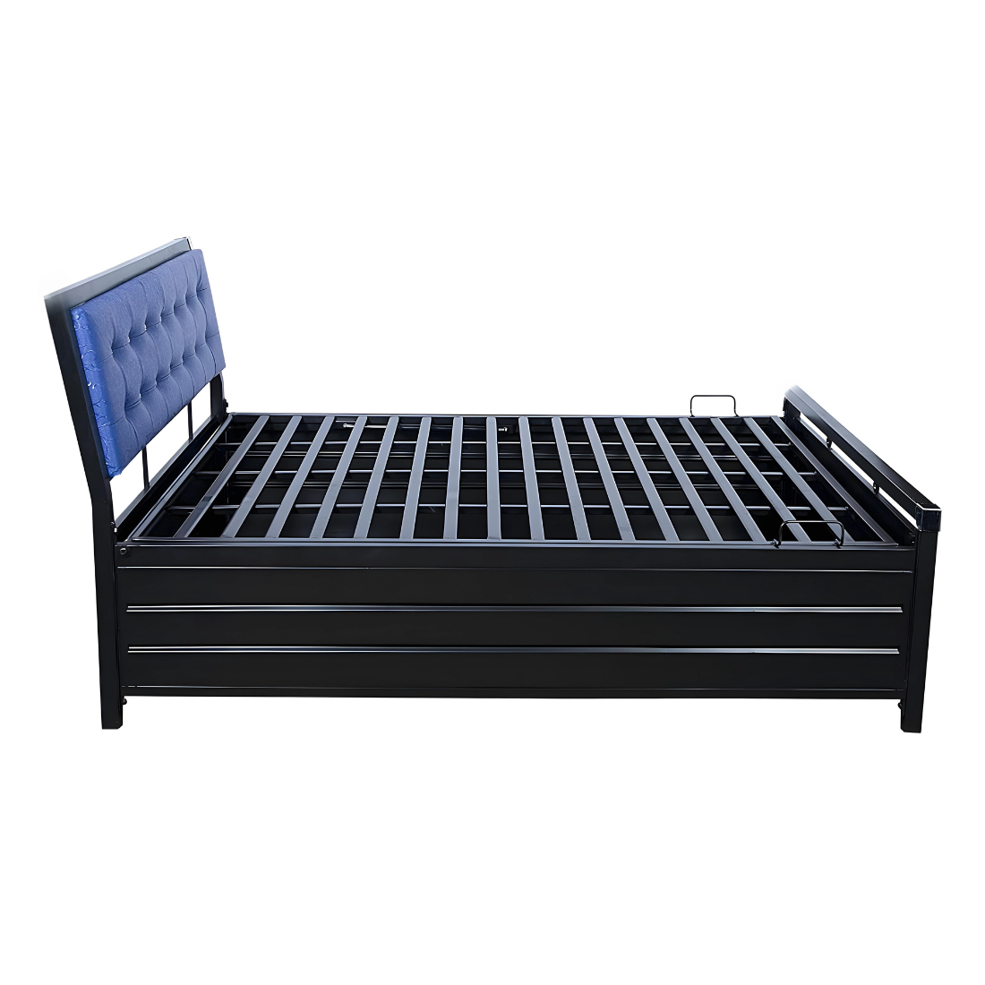 Heath Hydraulic Storage Metal Bed with Textured Blue Cushion Headrest (Color - Black)