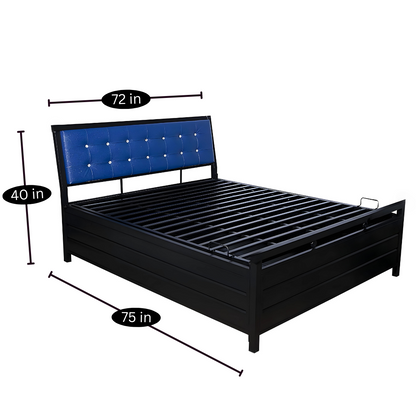 Heath Hydraulic Storage Metal Bed with Textured Blue Cushion Headrest (Color - Black)