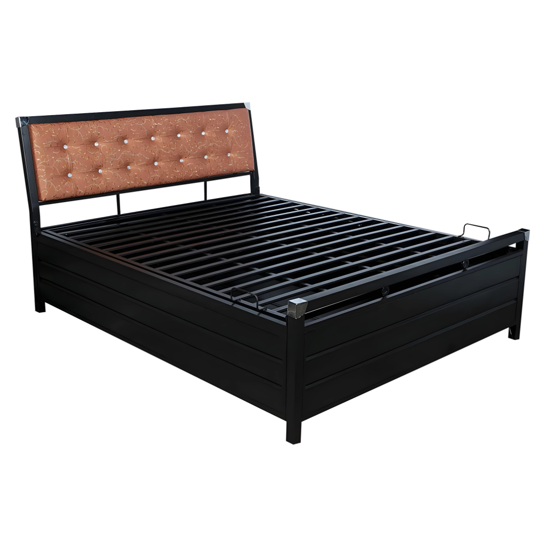 Heath Hydraulic Storage Metal Bed with Textured Brown Cushion Headrest (Color - Black)