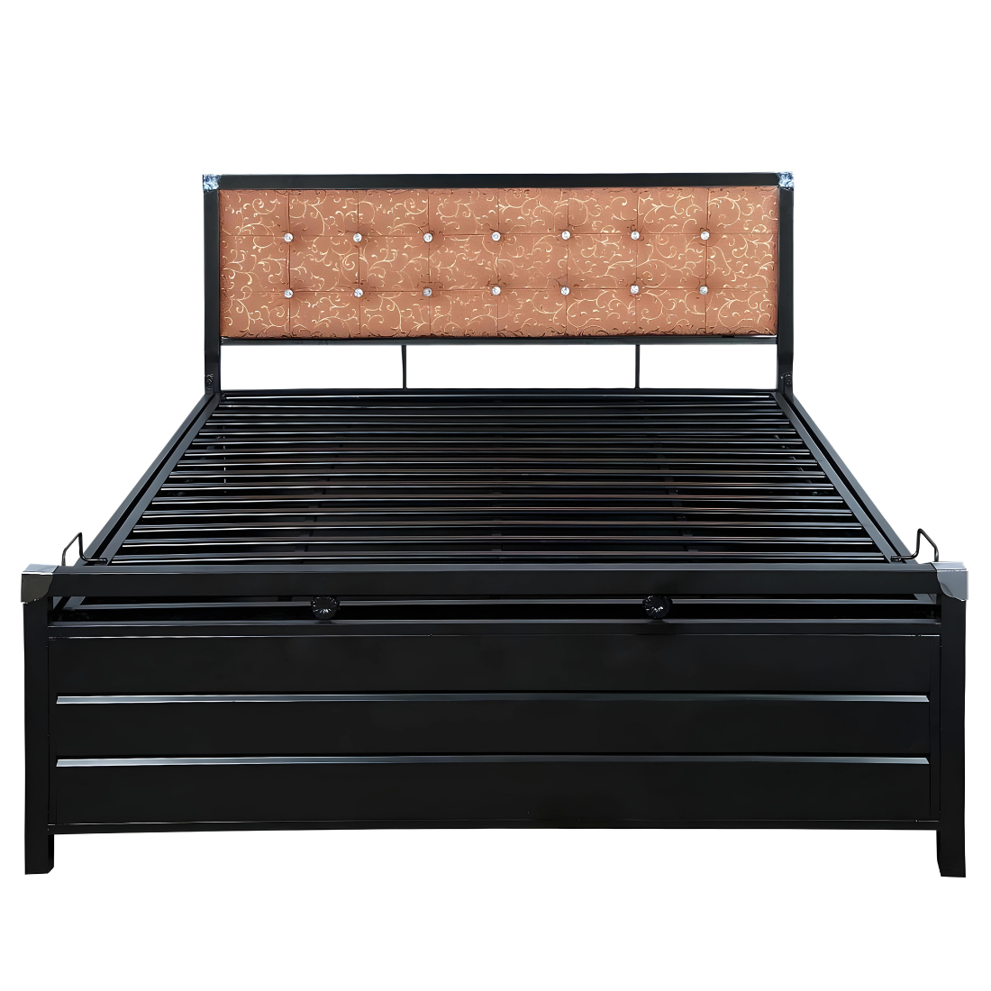 Heath Hydraulic Storage Metal Bed with Textured Brown Cushion Headrest (Color - Black)