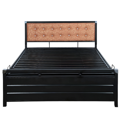 Heath Hydraulic Storage Metal Bed with Textured Brown Cushion Headrest (Color - Black)