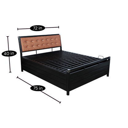 Heath Hydraulic Storage Metal Bed with Textured Brown Cushion Headrest (Color - Black)