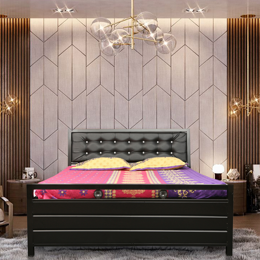 Heath Hydraulic Storage Metal Bed with Black Cushion Headrest (Color - Black)