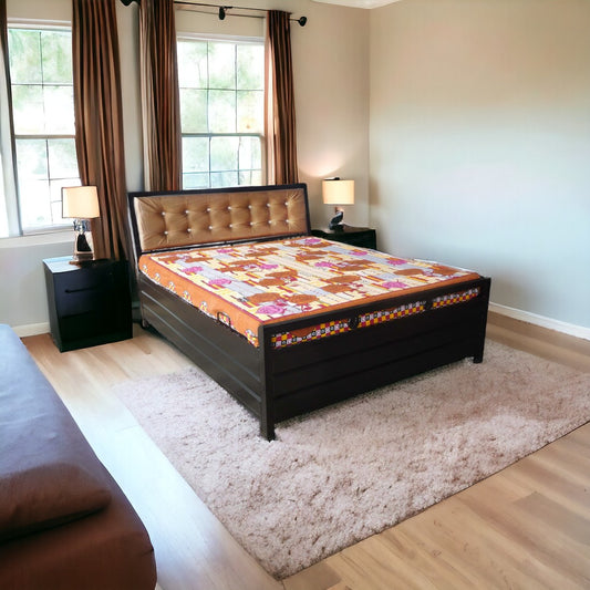 Heath Hydraulic Storage Metal Bed with Golden Cushion Headrest (Color - Black)