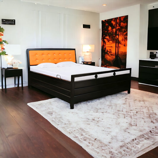 Heath Hydraulic Storage Metal Bed with Orange Cushion Headrest (Color - Black)