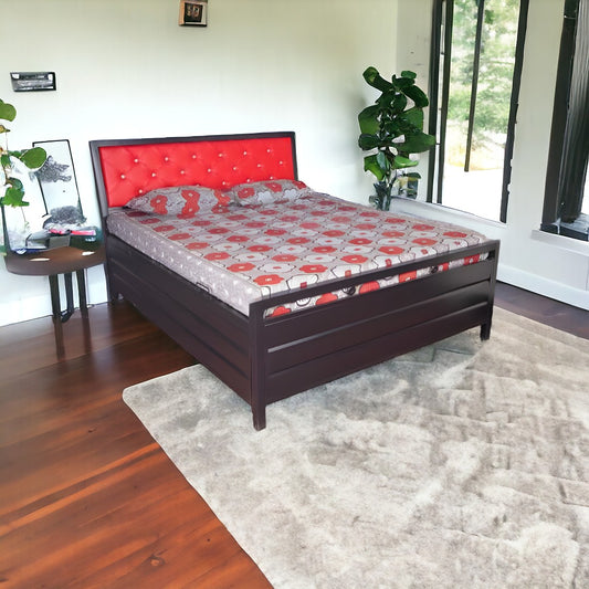 Heath Hydraulic Storage Metal Bed with Red Cushion Headrest (Color - Black)