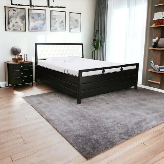 Heath Hydraulic Storage Metal Bed with White Cushion Headrest (Color - Black)