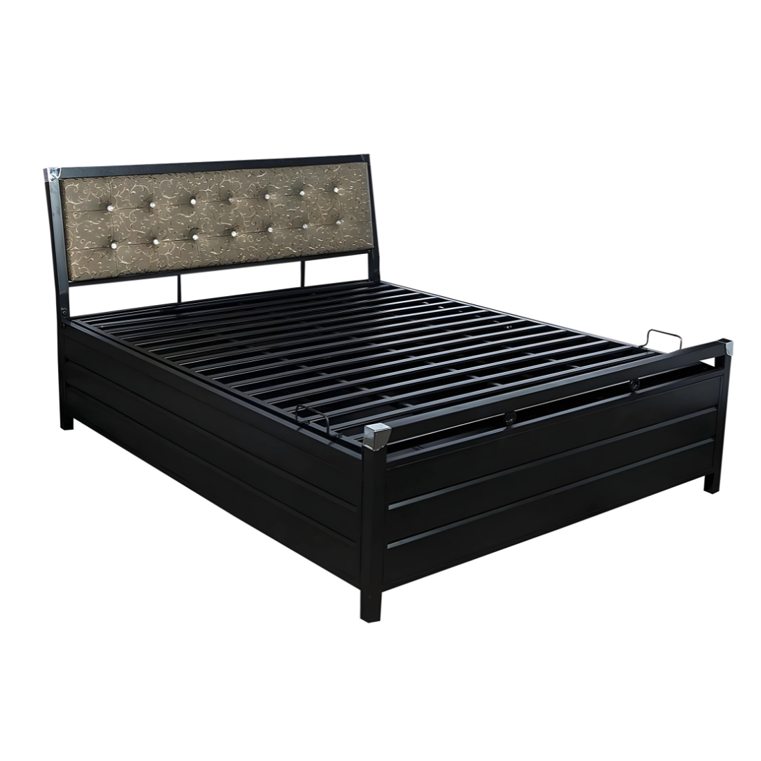 Heath Hydraulic Storage Metal Bed with Textured Grey Cushion Headrest (Color - Black)